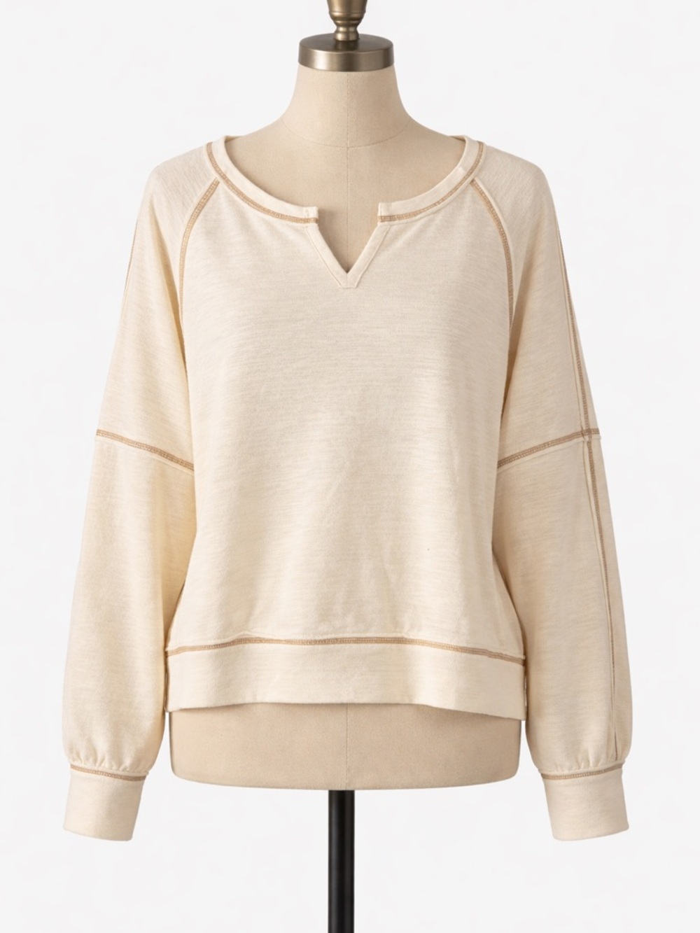 Stile by Per Lei off white, brown top stitching Women's Jersey Top